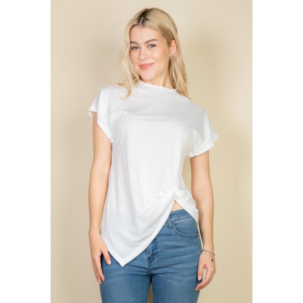 HackleBee | Women's White Batwing Sleeve Twist Front Tee Size S, M, L